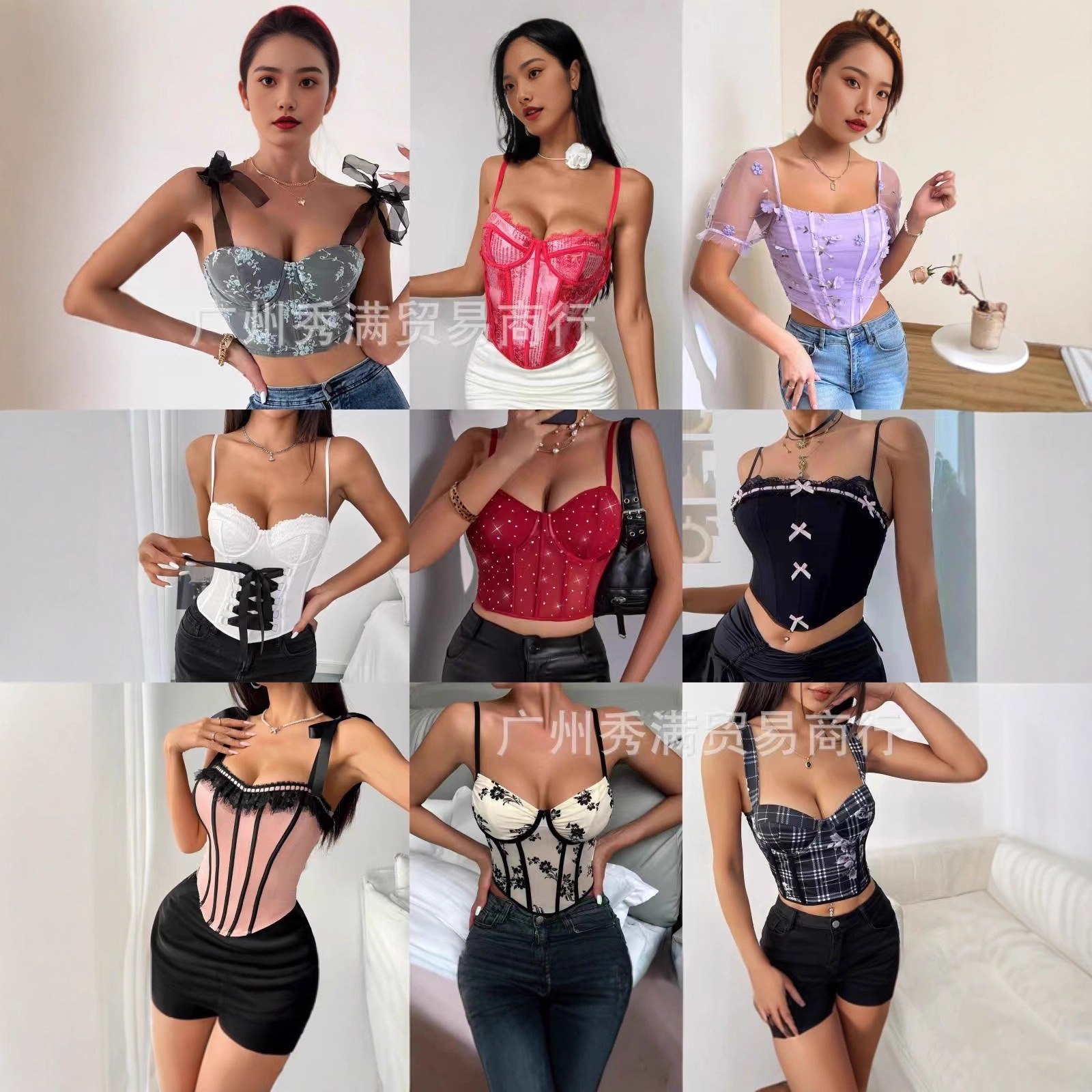 Tops Corset de Tejido de Malla Bordado con Varillas y Encaje imagen 1